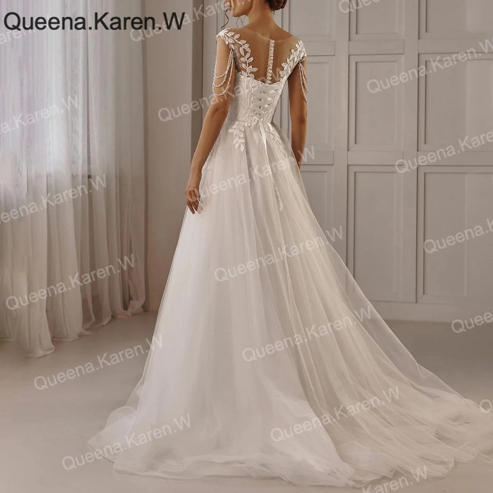 Elegant A line Wedding Dress off-the-shoulder lace applique bride dress robe de mariee A line Wedding Bridal Gown AL-QK79