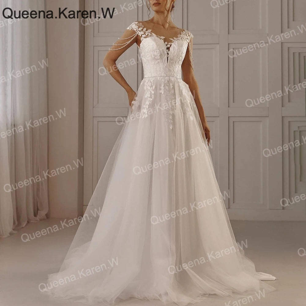 Elegant A line Wedding Dress off-the-shoulder lace applique bride dress robe de mariee A line Wedding Bridal Gown AL-QK79 Main image