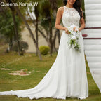 Elegant A line Wedding Dress round neck lace applique chiffon bride dress robe de mariee A line Wedding Bridal Gown AL-QK157