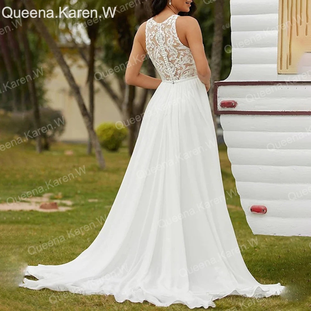 Elegant A line Wedding Dress round neck lace applique chiffon bride dress robe de mariee A line Wedding Bridal Gown AL-QK157