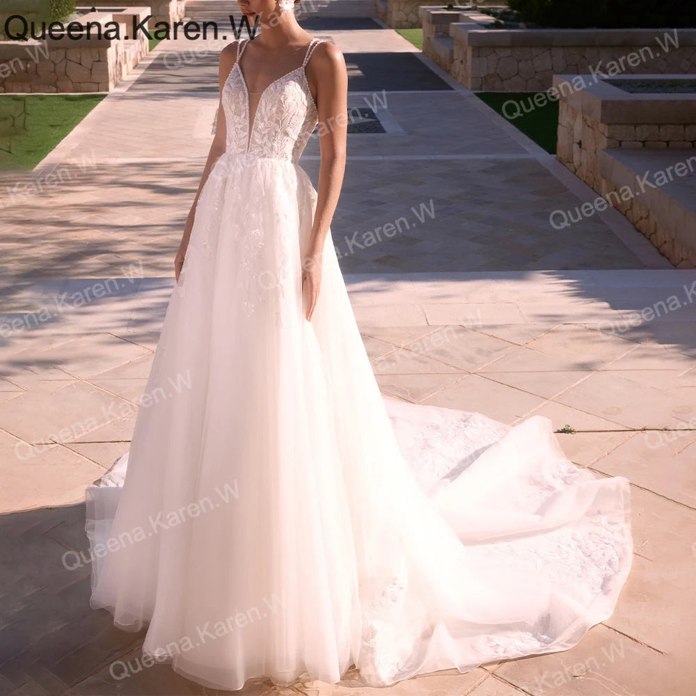 Elegant A line Wedding Dress stap lace applique bride dress robe de mariee A line Wedding Bridal Gown AL-QK211