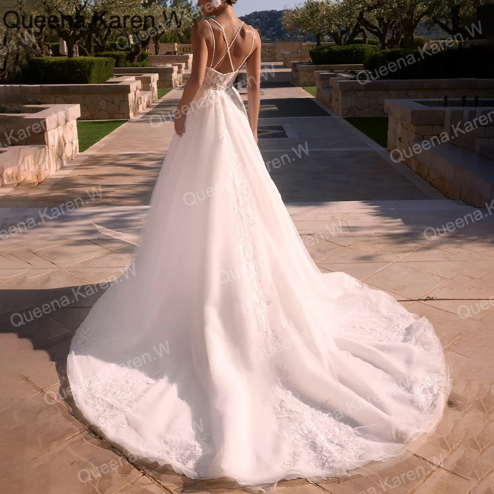 Elegant A line Wedding Dress stap lace applique bride dress robe de mariee A line Wedding Bridal Gown AL-QK211