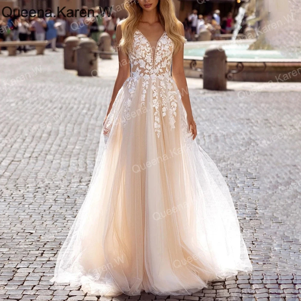 Elegant A line Wedding Dress strap lace applique bride dress robe de mariee A line Wedding Bridal Gown AL-QK180