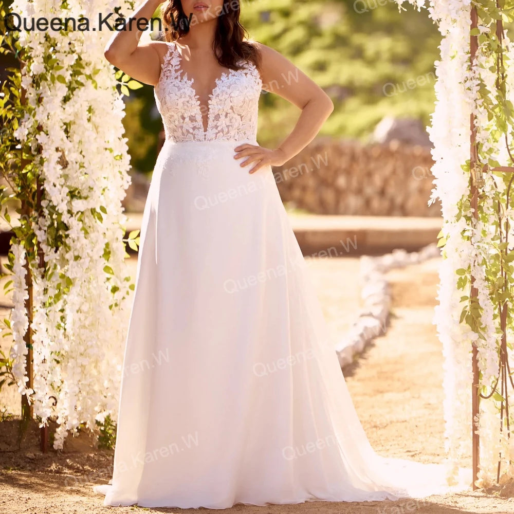 Elegant A line Wedding Dress v neck lace chiffon bride dress robe de mariee A line Wedding Bridal Gown AL-QK123