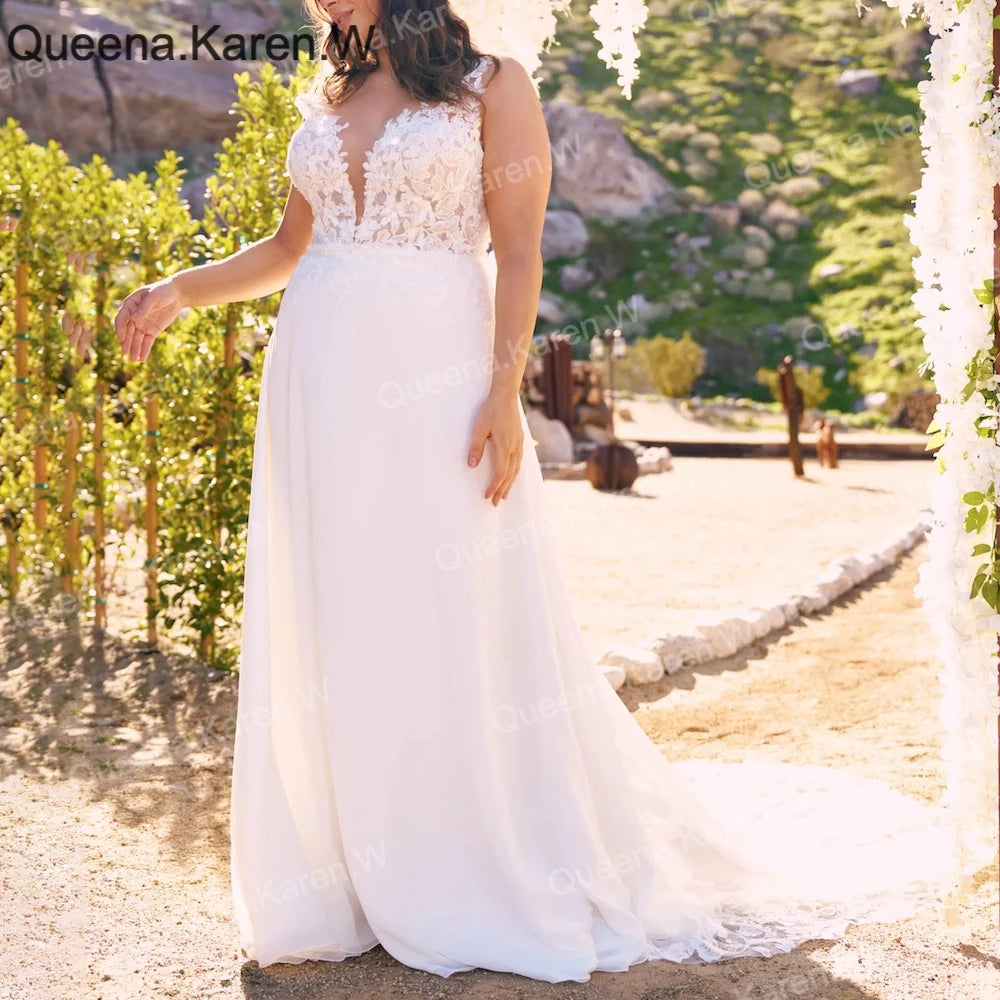 Elegant A line Wedding Dress v neck lace chiffon bride dress robe de mariee A line Wedding Bridal Gown AL-QK123