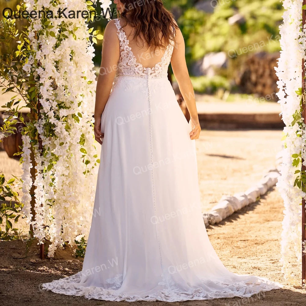 Elegant A line Wedding Dress v neck lace chiffon bride dress robe de mariee A line Wedding Bridal Gown AL-QK123