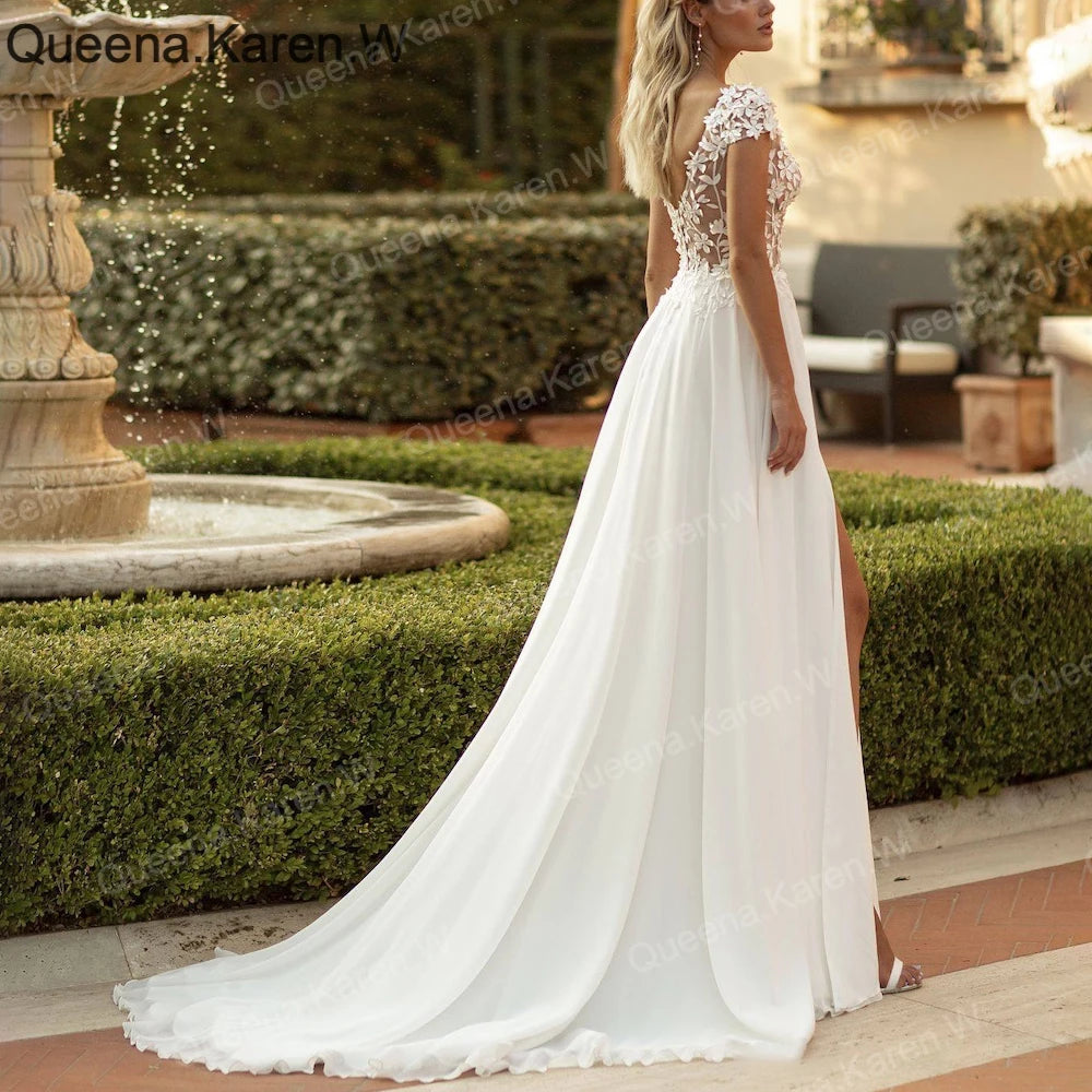 Elegant Boho A line Wedding Dress V neck cap lace applique chiffon bride dress robe de mariee A line Wedding Bridal Gown AL-QK239