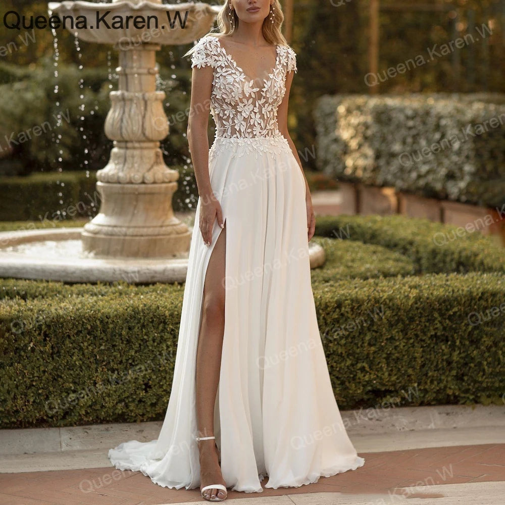 Elegant Boho A line Wedding Dress V neck cap lace applique chiffon bride dress robe de mariee A line Wedding Bridal Gown AL-QK239 Main image