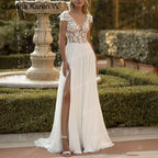 Elegant Boho A line Wedding Dress V neck cap lace applique chiffon bride dress robe de mariee A line Wedding Bridal Gown AL-QK239