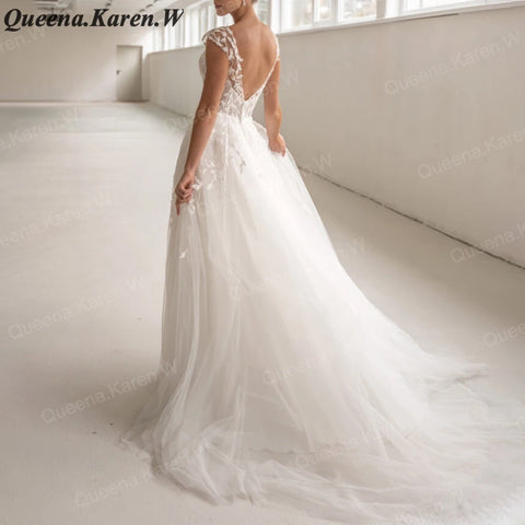 Elegant Boho A line Wedding Dress V neck lace applique bride dress robe de mariee A line Wedding Bridal Gown