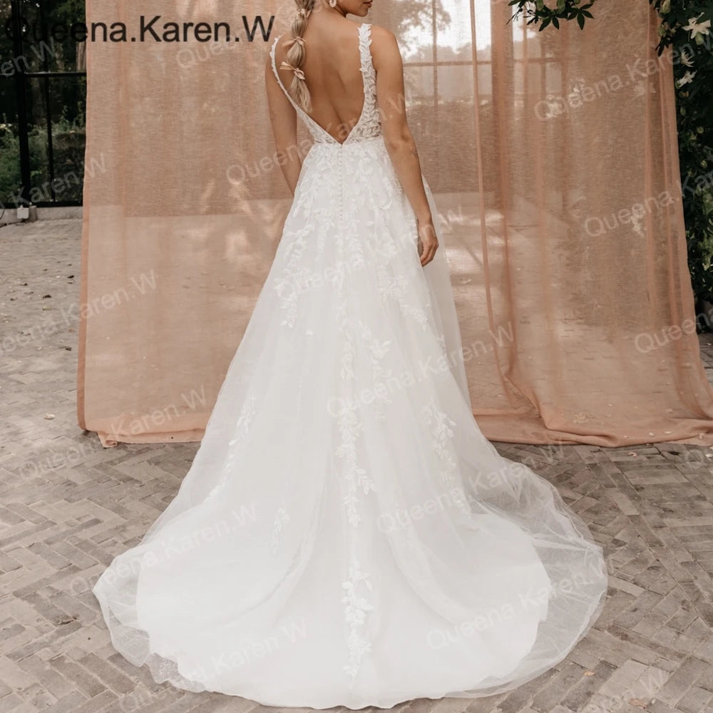 Elegant Boho A line Wedding Dress V neck lace applique bride dress robe de mariee A line Wedding Bridal Gown AL-QK196