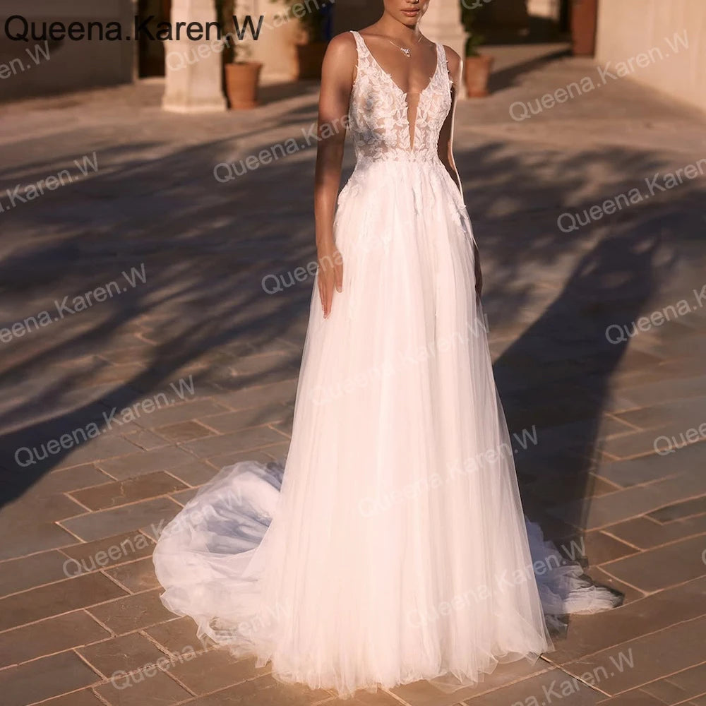 Elegant Boho A line Wedding Dress V neck lace applique bride dress robe de mariee A line Wedding Bridal Gown AL-QK210