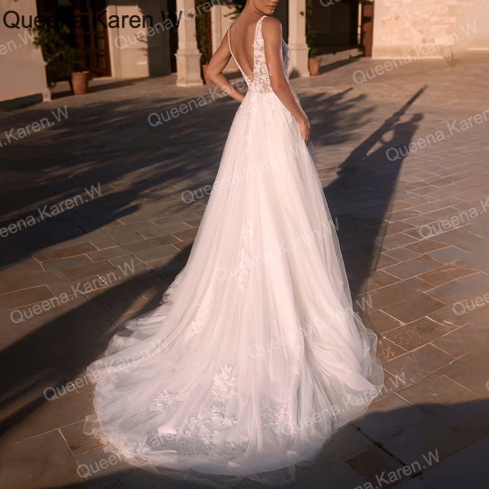 Elegant Boho A line Wedding Dress V neck lace applique bride dress robe de mariee A line Wedding Bridal Gown AL-QK210