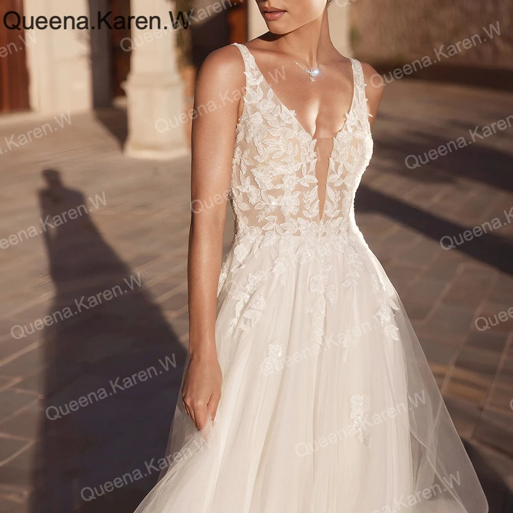 Elegant Boho A line Wedding Dress V neck lace applique bride dress robe de mariee A line Wedding Bridal Gown AL-QK210