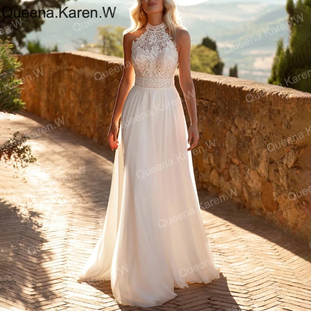 Elegant Boho A line Wedding Dress halter lace applique chiffon bride dress robe de mariee A line Wedding Bridal Gown AL-QK183