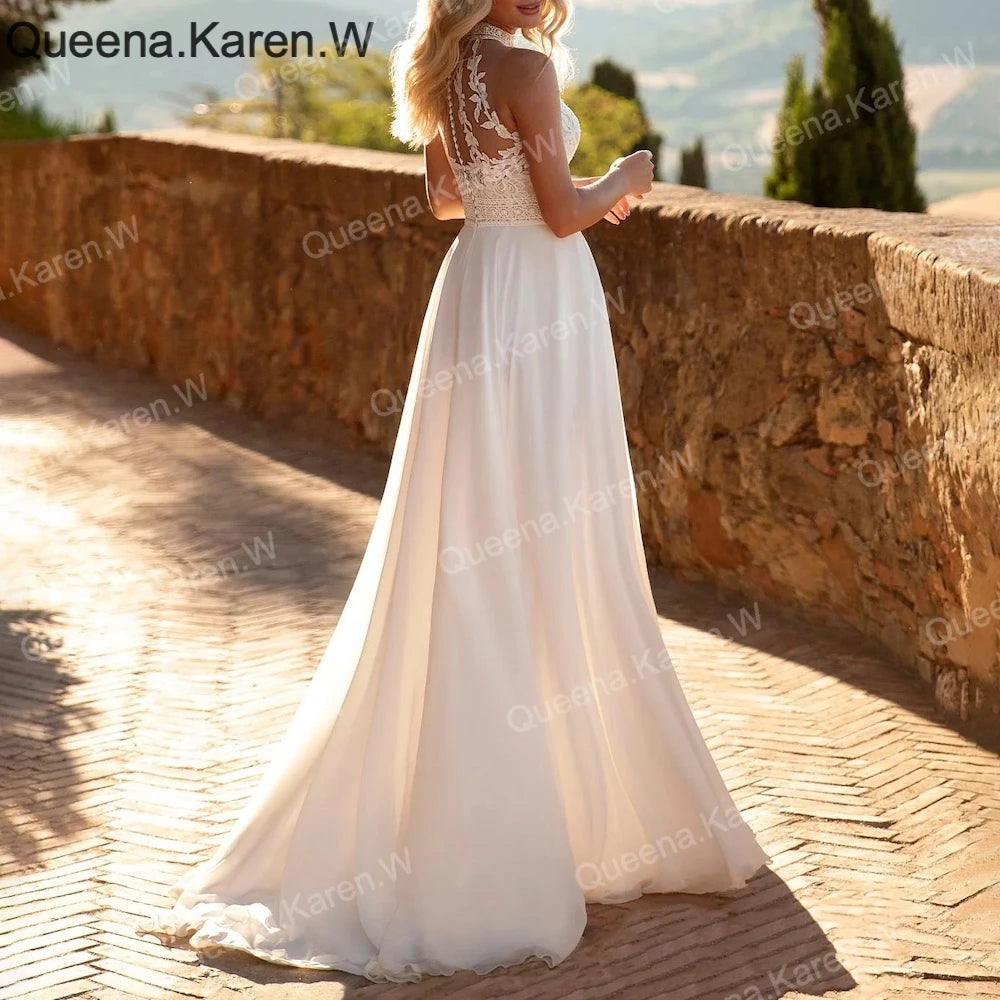 Elegant Boho A line Wedding Dress halter lace applique chiffon bride dress robe de mariee A line Wedding Bridal Gown AL-QK183