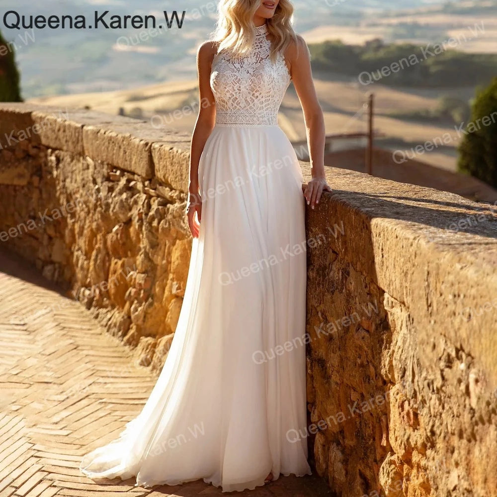 Elegant Boho A line Wedding Dress halter lace applique chiffon bride dress robe de mariee A line Wedding Bridal Gown AL-QK183