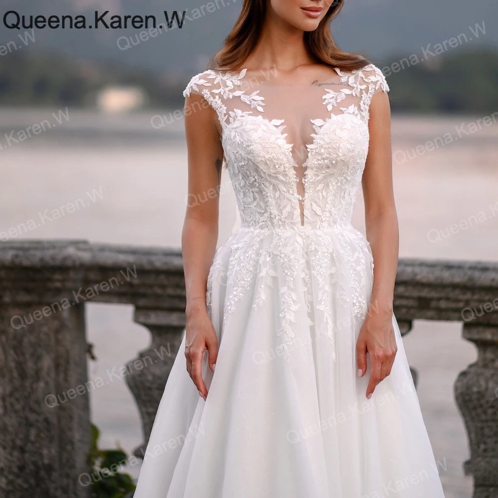 Elegant Boho A line Wedding Dress lace applique bride dress robe de mariee A line Wedding Bridal Gown AL-QK233