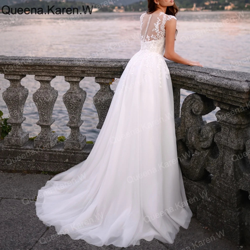 Elegant Boho A line Wedding Dress lace applique bride dress robe de mariee A line Wedding Bridal Gown AL-QK233