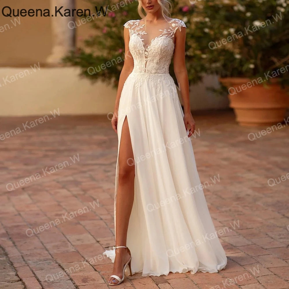 Elegant Boho A line Wedding Dress lace applique bride dress robe de mariee A line Wedding Bridal Gown AL-QK182