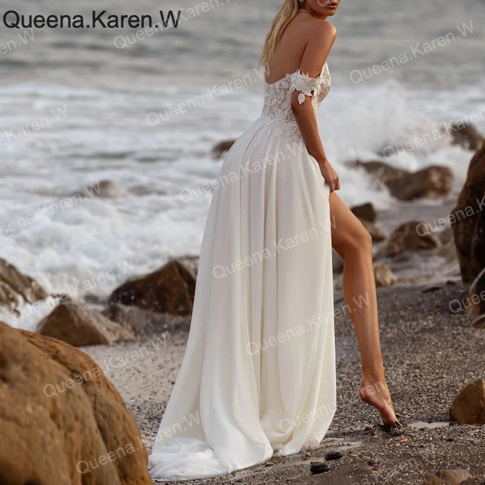 Elegant Boho A line Wedding Dress lace applique chiffon bride dress robe de mariee A line Wedding Bridal Gown AL-QK219