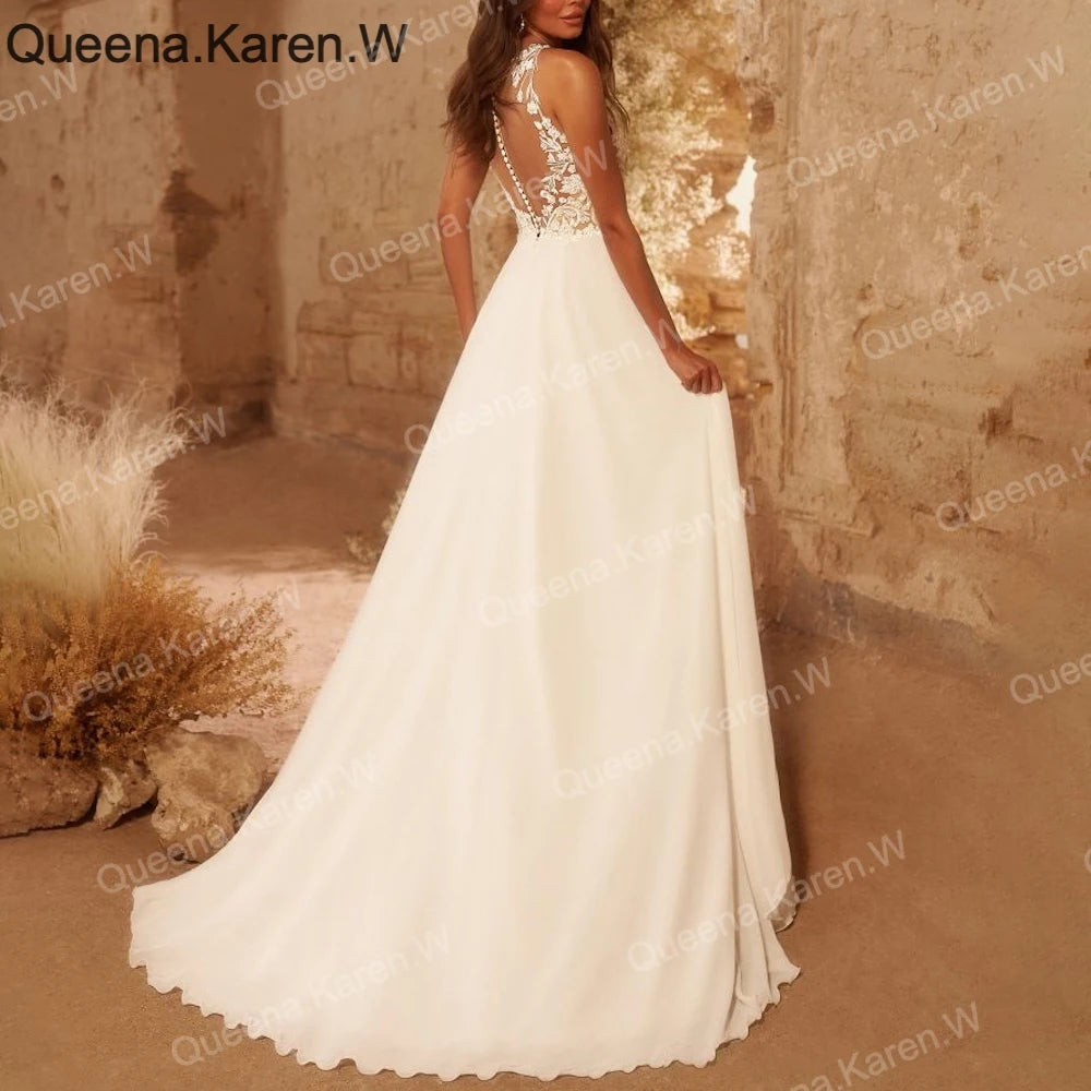 Elegant Boho A line Wedding Dress lace applique chiffon bride dress robe de mariee A line Wedding Bridal Gown AL-QK221