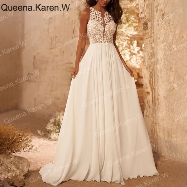 Elegant Boho A line Wedding Dress lace applique chiffon bride dress robe de mariee A line Wedding Bridal Gown