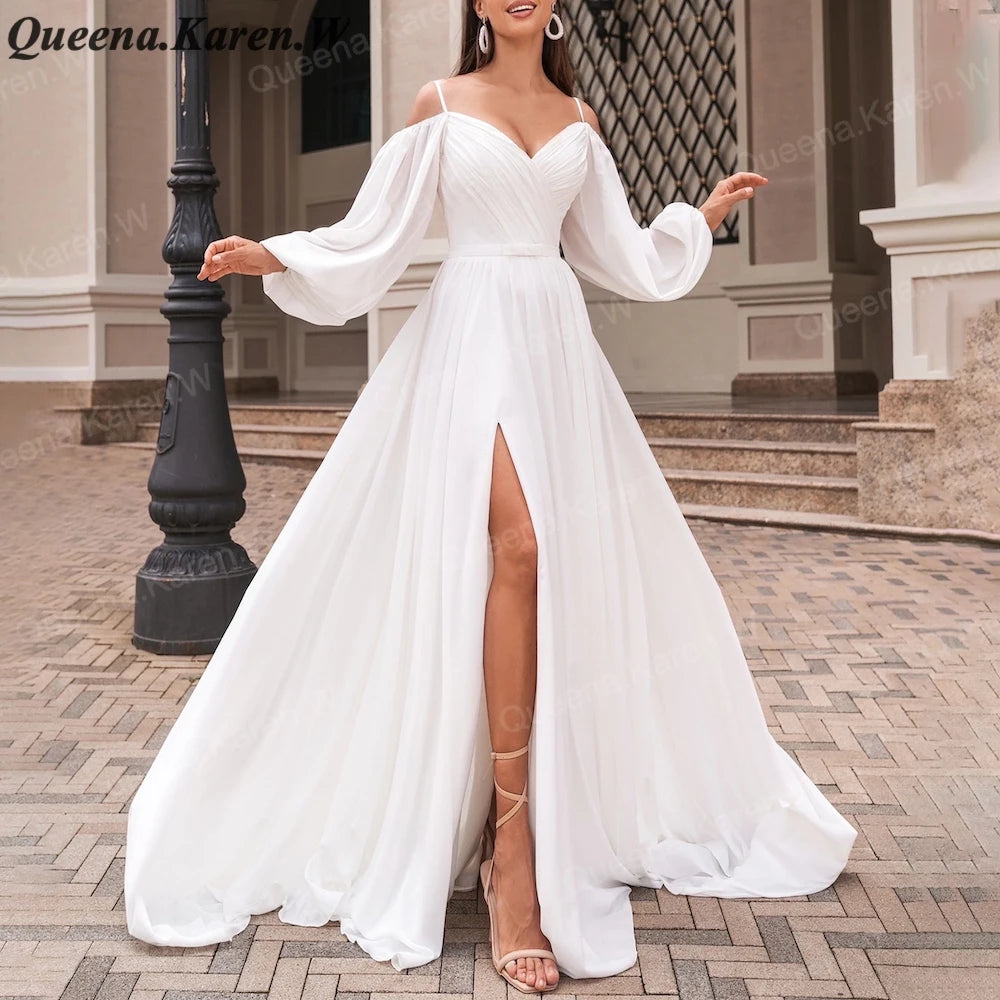 Elegant Boho A line Wedding Dress long sleeve chiffon bride dress robe de mariee A line Wedding Bridal Gown AL-QK80