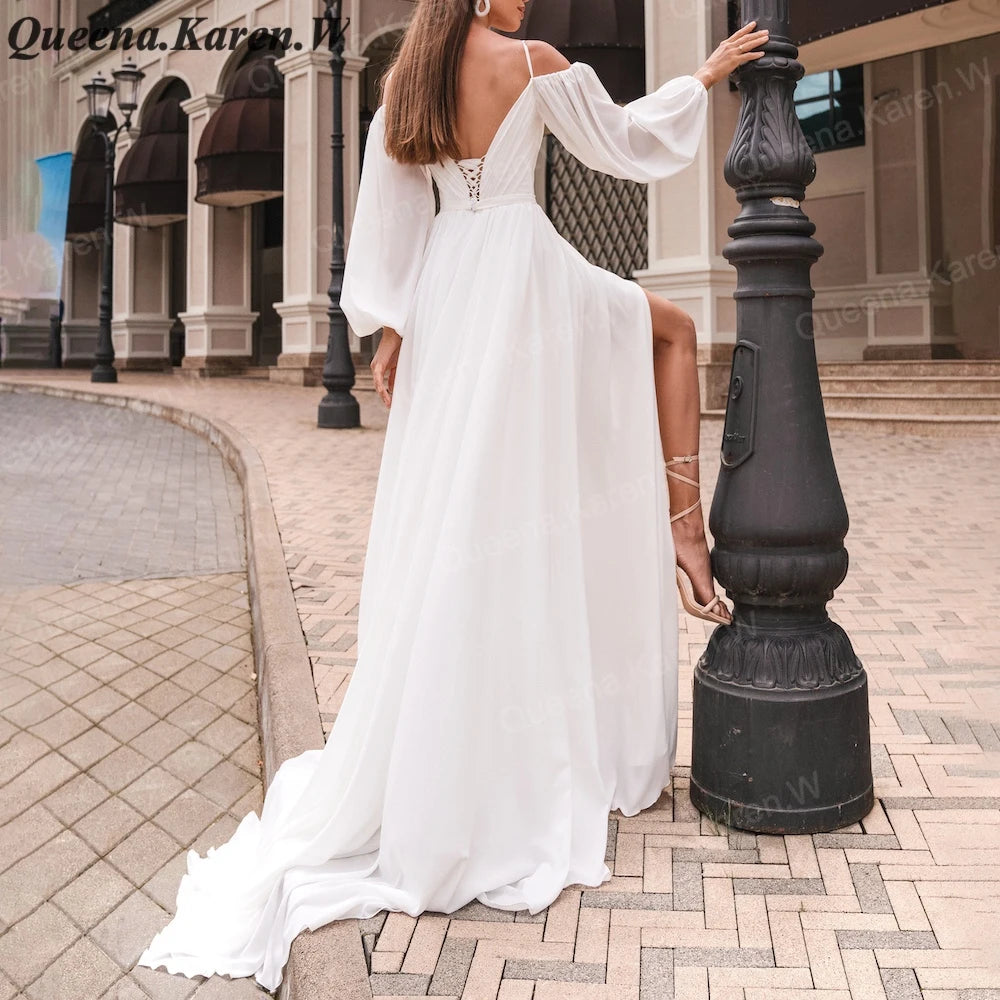 Elegant Boho A line Wedding Dress long sleeve chiffon bride dress robe de mariee A line Wedding Bridal Gown AL-QK80