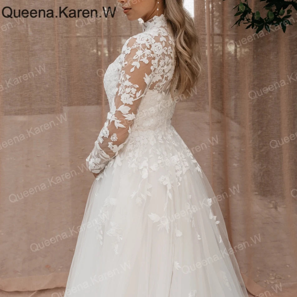 Elegant Boho A line Wedding Dress long sleeve high neck lace applique bride dress robe de mariee A line Wedding Bridal Gown AL-QK200