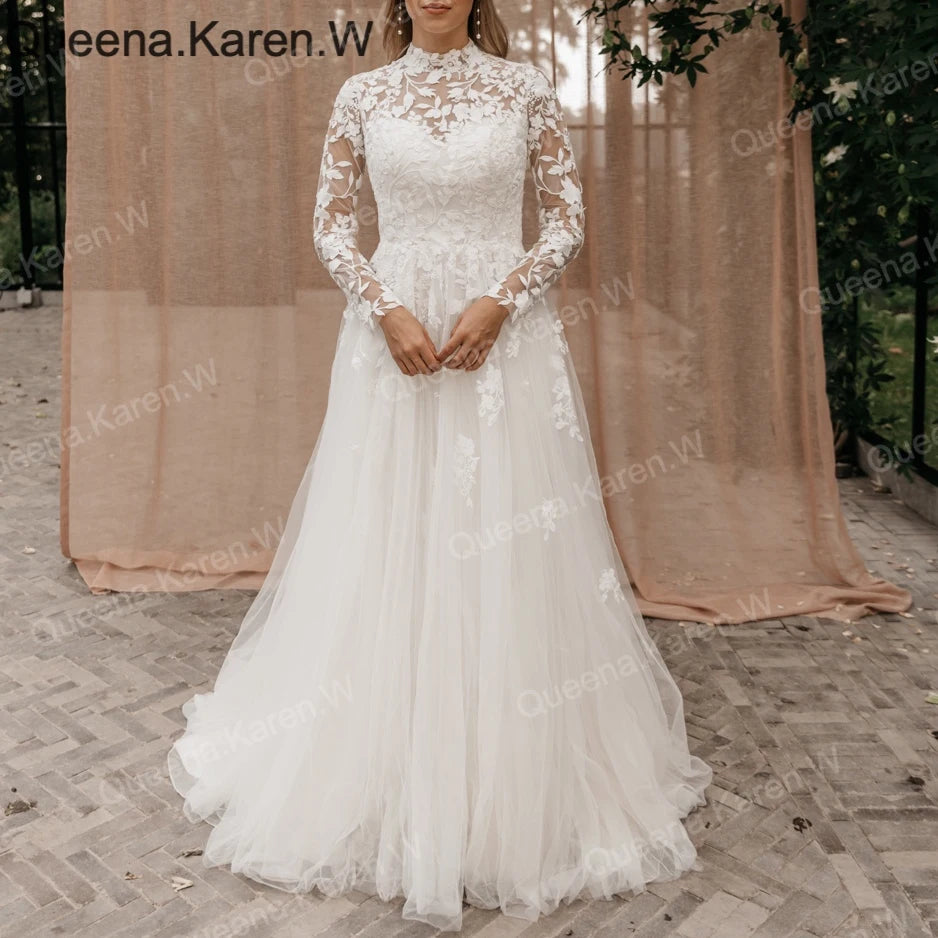 Elegant Boho A line Wedding Dress long sleeve high neck lace applique bride dress robe de mariee A line Wedding Bridal Gown AL-QK200