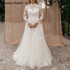 Elegant Boho A line Wedding Dress long sleeve high neck lace applique bride dress robe de mariee A line Wedding Bridal Gown AL-QK200