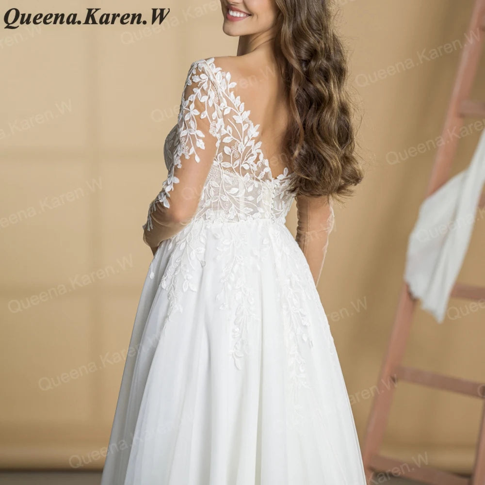 Elegant Boho A line Wedding Dress long sleeve lace applique bride dress robe de mariee A line Wedding Bridal Gown AL-QK75