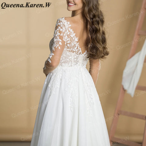 Elegant Boho A line Wedding Dress long sleeve lace applique bride dress robe de mariee A line Wedding Bridal Gown