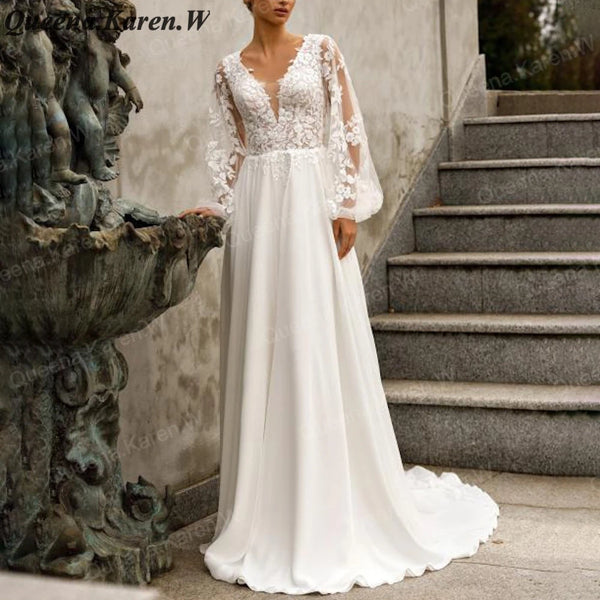 Elegant Boho A line Wedding Dress long sleeve lace applique bride dress robe de mariee A line Wedding Bridal Gown