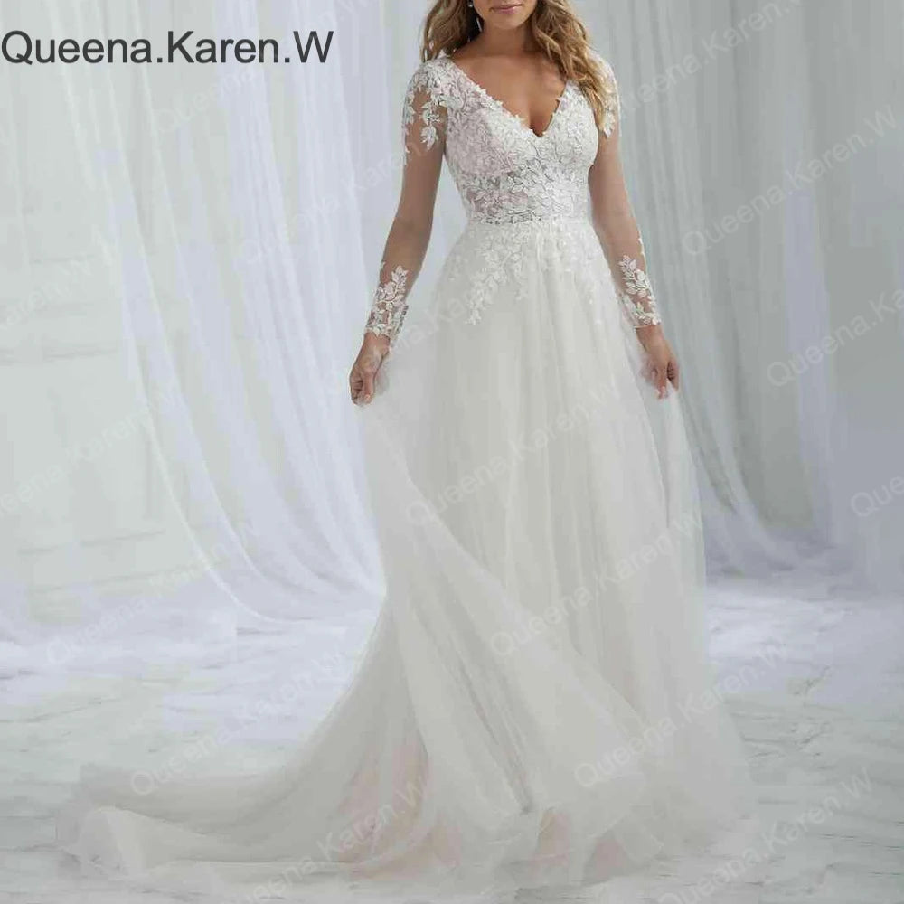 HEULORIA Elegant Boho A line Wedding Dress long sleeve lace applique bride dress robe de mariee A line Wedding Bridal Gown AL-QK4