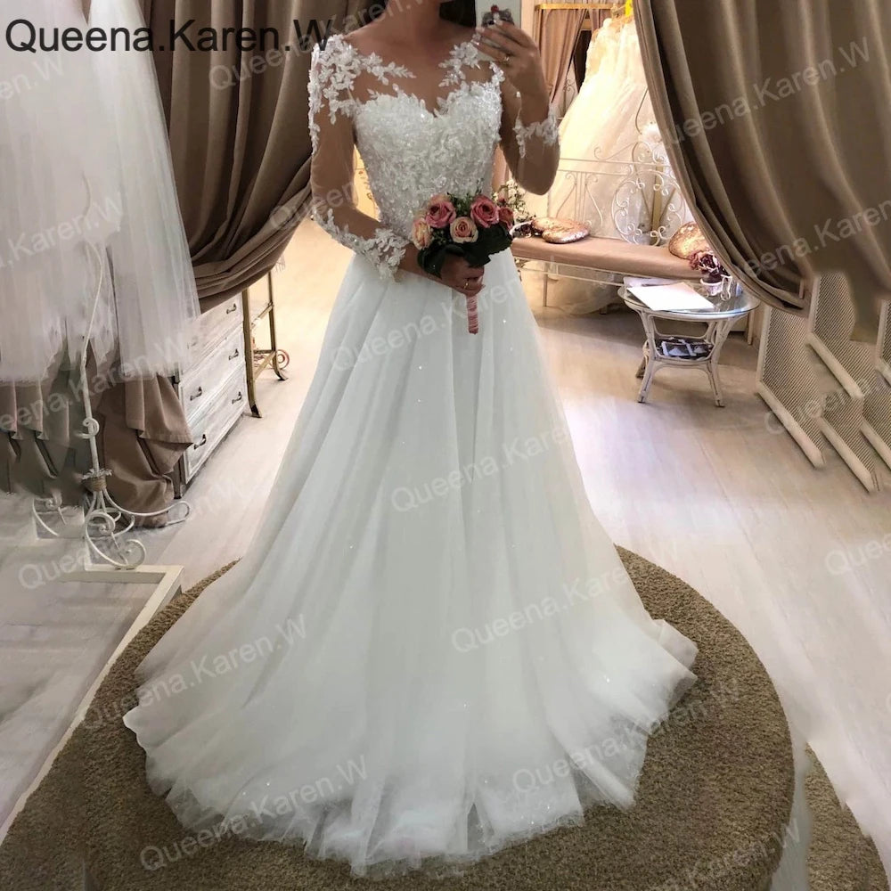 Elegant Boho A line Wedding Dress long sleeve lace applique bride dress robe de mariee A line Wedding Bridal Gown AL-QK155