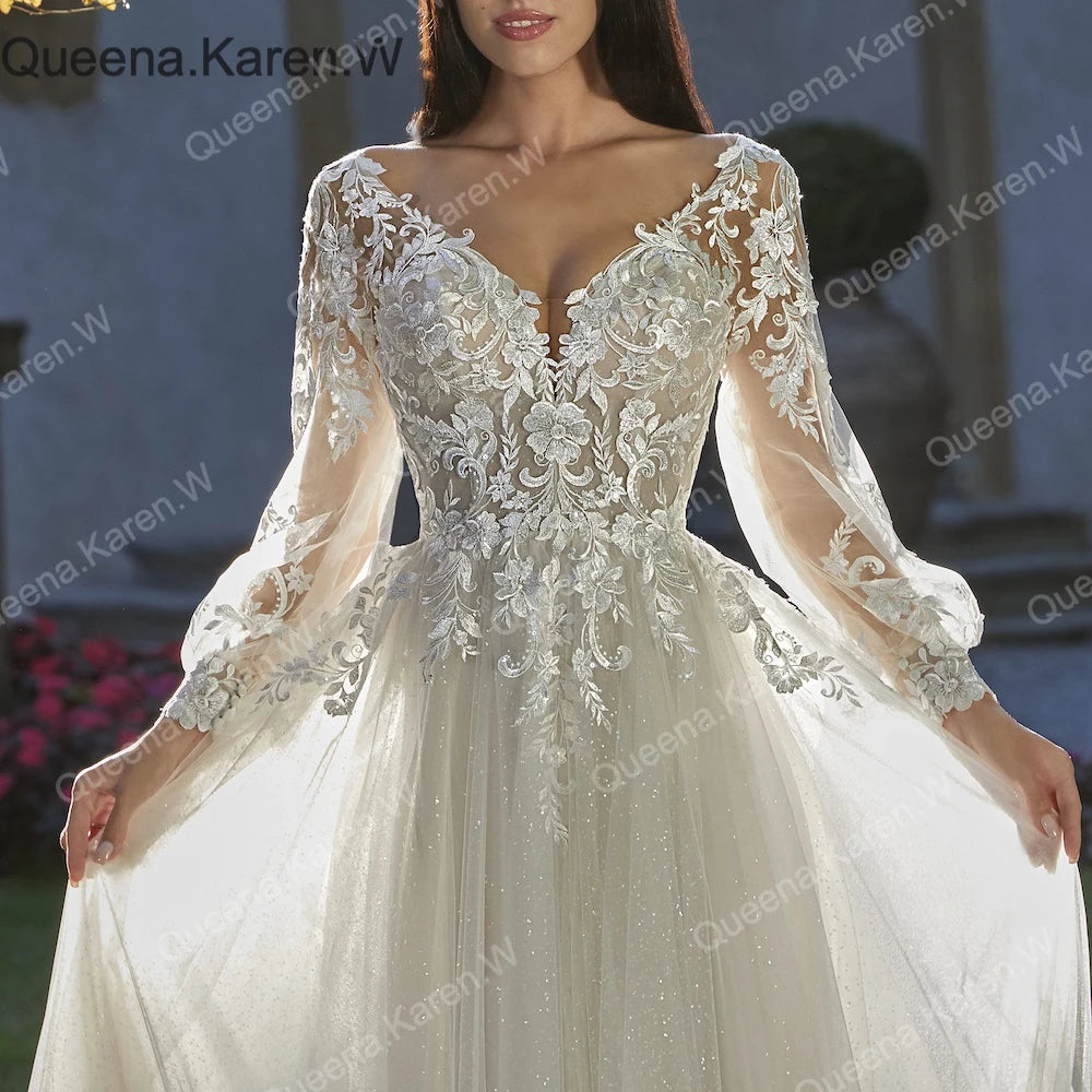 Elegant Boho A line Wedding Dress long sleeve lace applique bride dress robe de mariee A line Wedding Bridal Gown AL-QK19