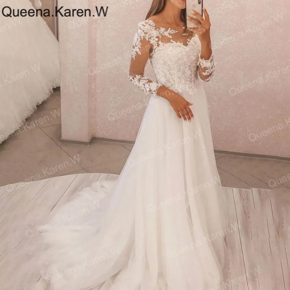 Elegant Boho A line Wedding Dress long sleeve lace applique bride dress robe de mariee A line Wedding Bridal Gown AL-QK155 Main image
