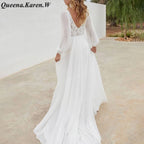 Elegant Boho A line Wedding Dress long sleeve lace applique bride dress robe de mariee A line Wedding Bridal Gown AL-QK65