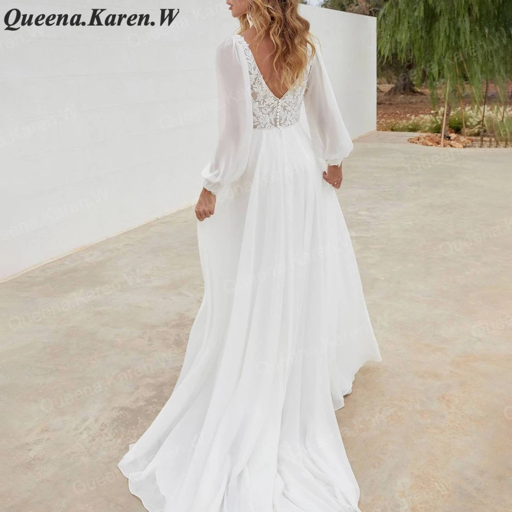 Elegant Boho A line Wedding Dress long sleeve lace applique bride dress robe de mariee A line Wedding Bridal Gown AL-QK65