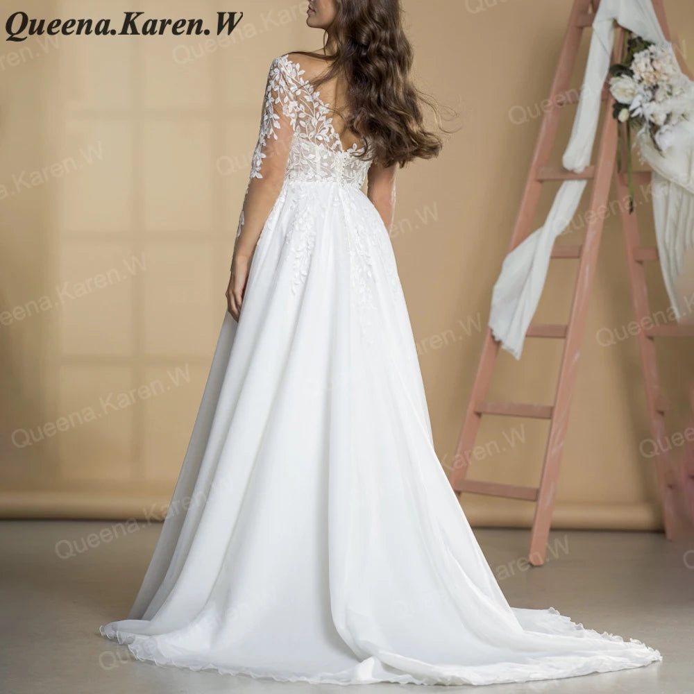 Elegant Boho A line Wedding Dress long sleeve lace applique bride dress robe de mariee A line Wedding Bridal Gown AL-QK75