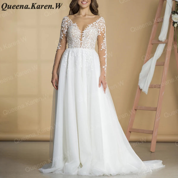 Elegant Boho A line Wedding Dress long sleeve lace applique bride dress robe de mariee A line Wedding Bridal Gown