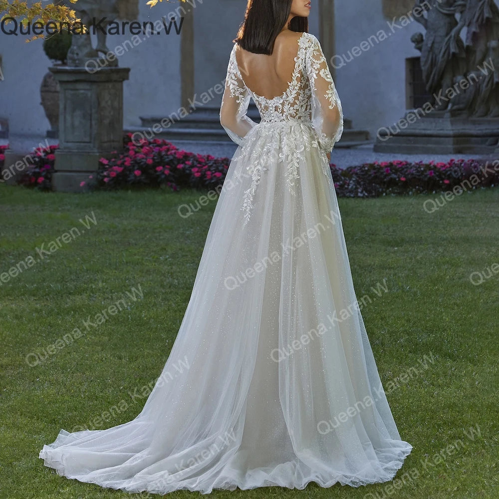 Elegant Boho A line Wedding Dress long sleeve lace applique bride dress robe de mariee A line Wedding Bridal Gown AL-QK19