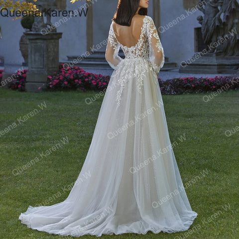 Elegant Boho A line Wedding Dress long sleeve lace applique bride dress robe de mariee A line Wedding Bridal Gown
