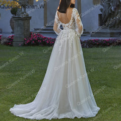 Elegant Boho A line Wedding Dress long sleeve lace applique bride dress robe de mariee A line Wedding Bridal Gown AL-QK19