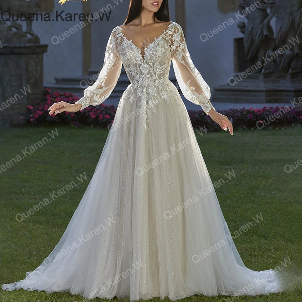 Elegant Boho A line Wedding Dress long sleeve lace applique bride dress robe de mariee A line Wedding Bridal Gown