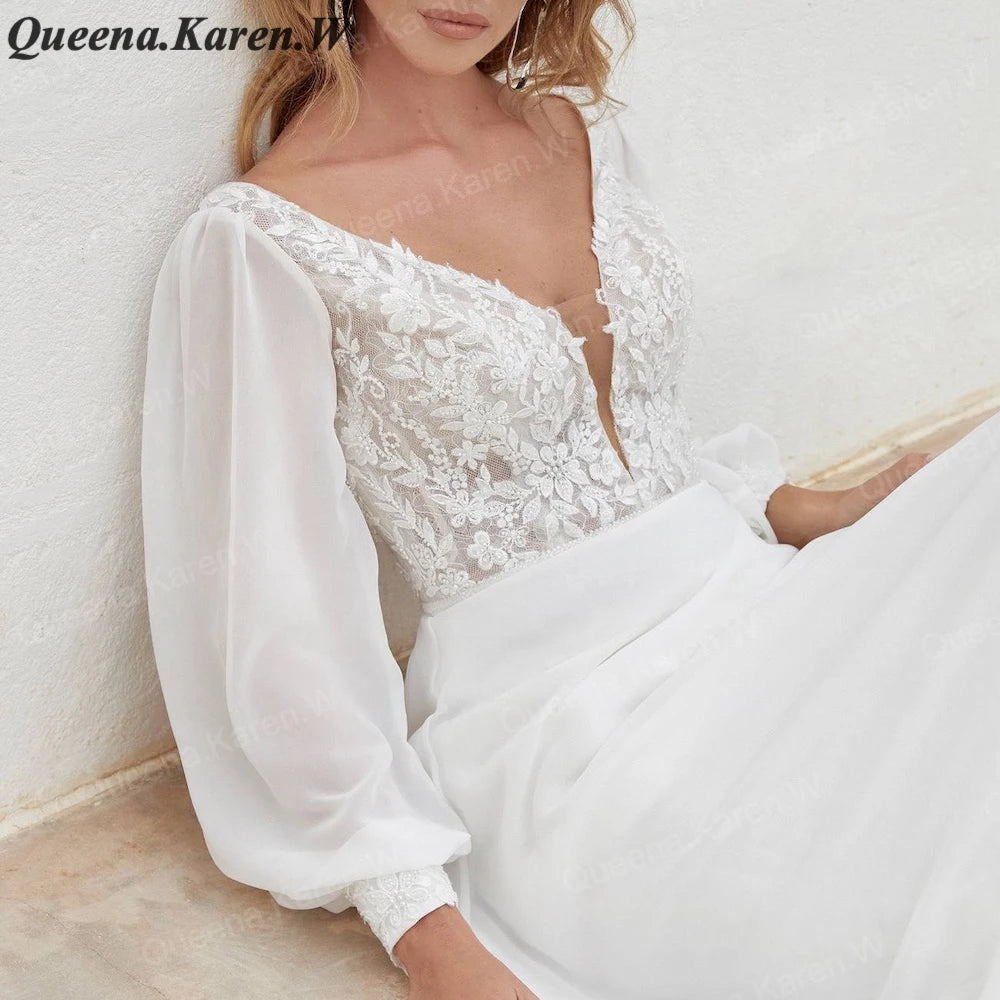 Elegant Boho A line Wedding Dress long sleeve lace applique bride dress robe de mariee A line Wedding Bridal Gown AL-QK65