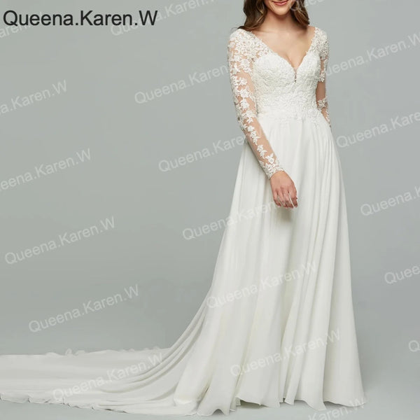 Elegant Boho A line Wedding Dress long sleeve lace applique bride dress robe de mariee A line Wedding Bridal Gown