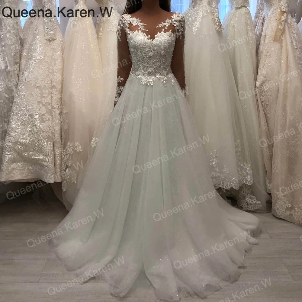 Elegant Boho A line Wedding Dress long sleeve lace applique bride dress robe de mariee A line Wedding Bridal Gown AL-QK155